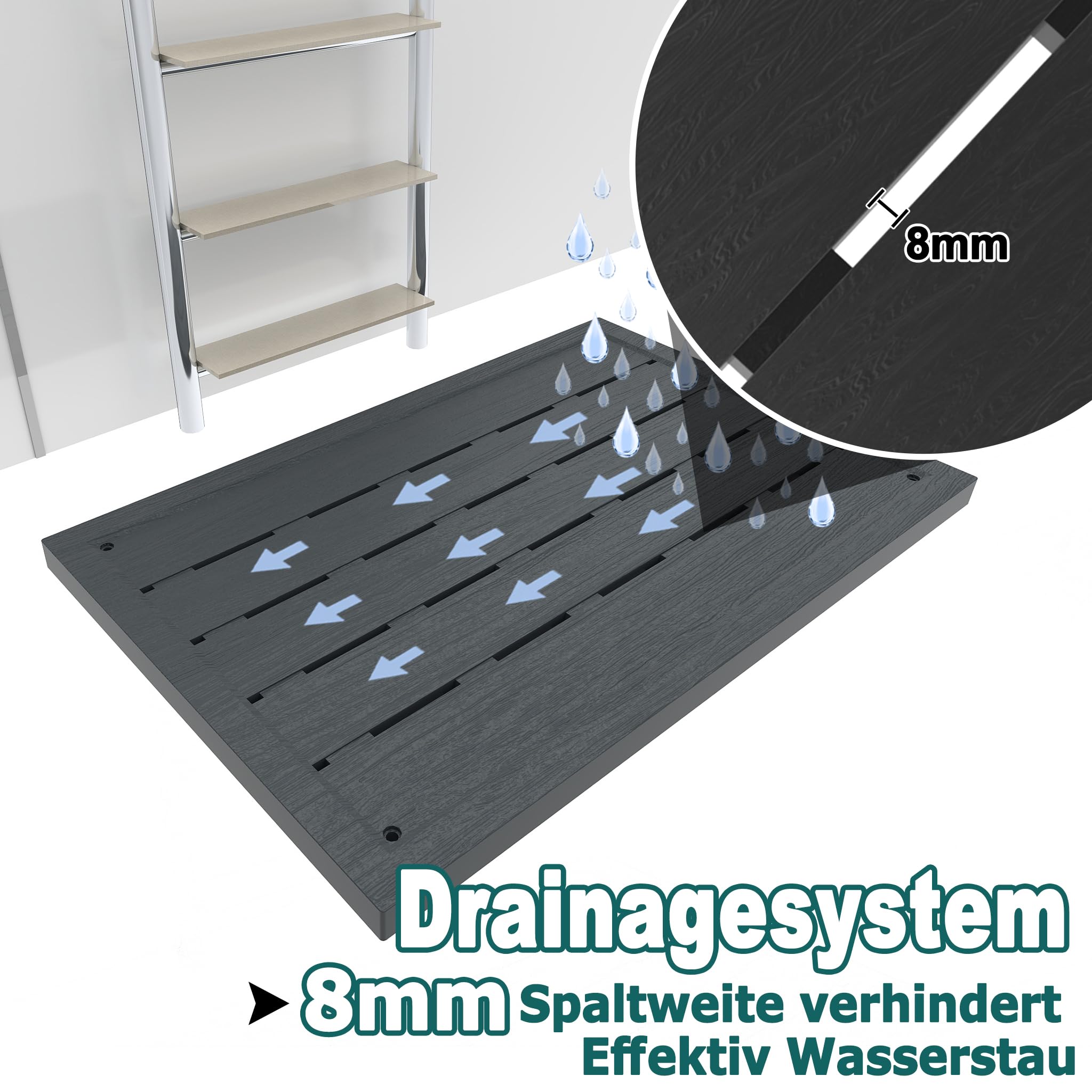 Rutschfeste Bodenplatte Holzoptik 100x65x4cm UV-beständiges Kunststoff Bodenelement, praktische Unterlage für Gartendusche Solardusche Poolleiter Outdoor Nutzung mit Montagematerial Anthrazit