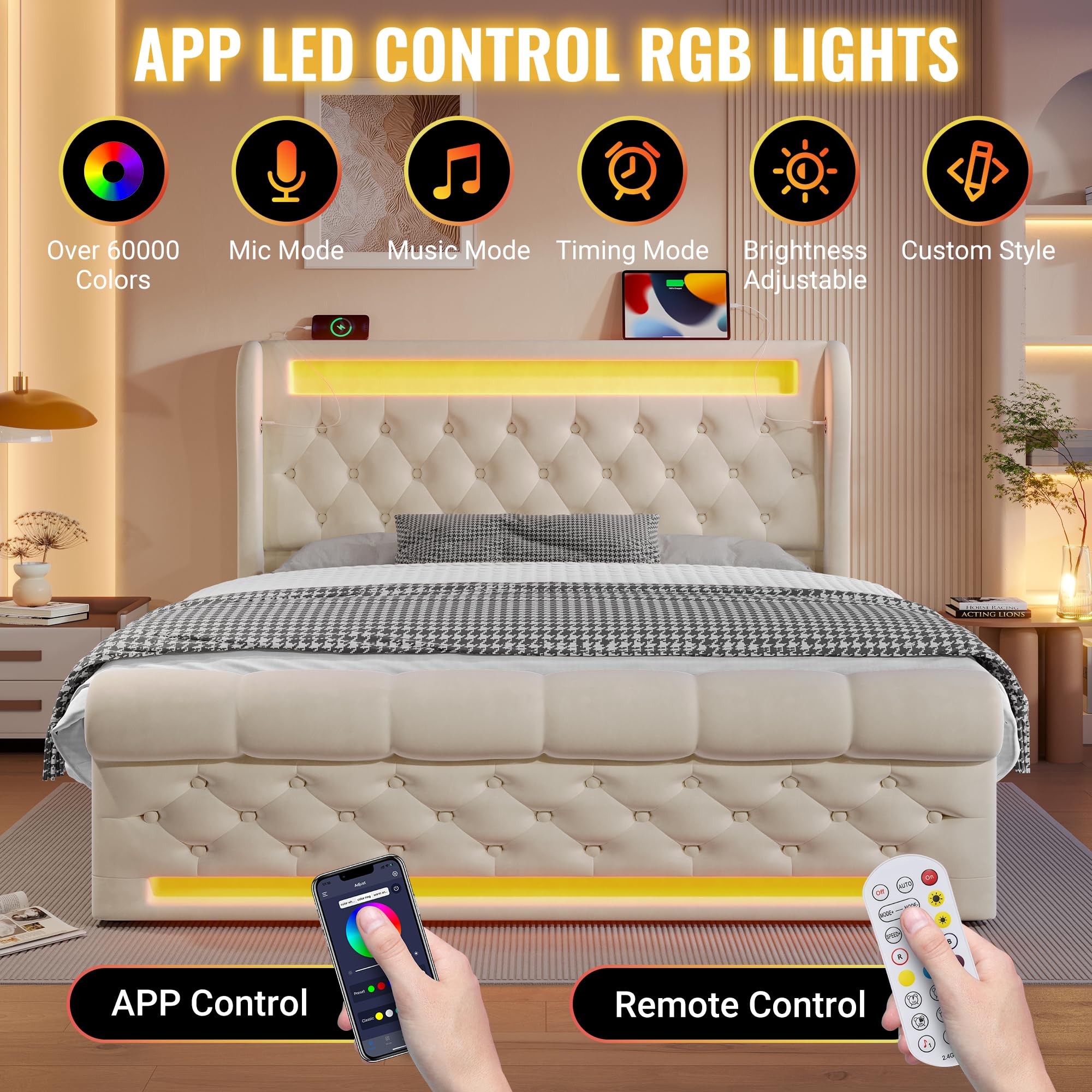 Cama 140x190 cm Camas Juveniles con USB-C y Luz LED, Cama Matrimonio Tapizada con Almacenamiento Hidráulico y Listones de Madera, Camas Matrimoniales, Terciopelo, Sin Colchón, Beige