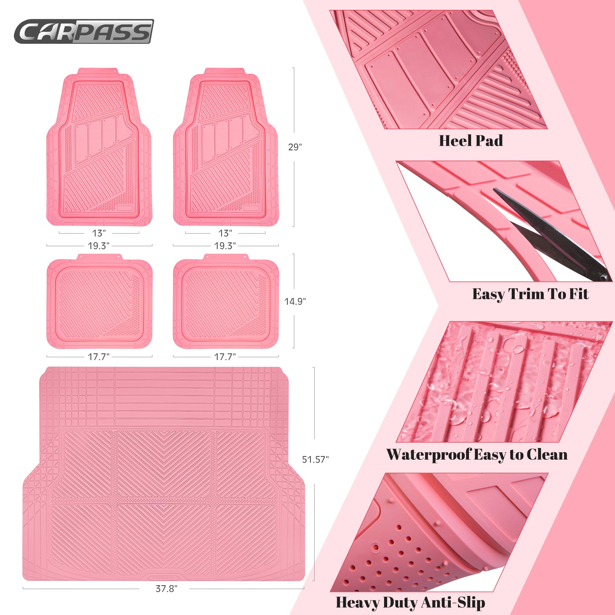 CAR PASS Heavy Duty Rubber Floor Mats Pink Car Mats Full Set with Trunk Cargo Liner - Universal — view 2