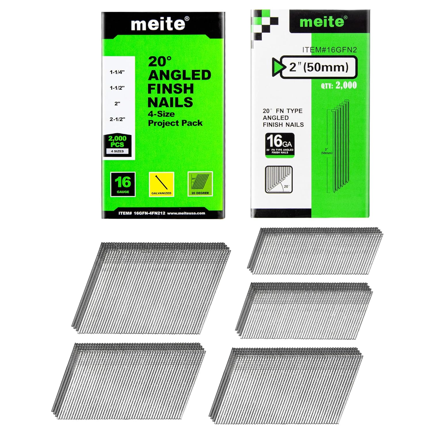 meite 16 Gauge 20 Degree Finish Nails Set 2-Inch & 2000-Pack Assorted Size Project Pack Galvanized Angled Finishing Nails for Finish Nailer Cabinet Crown Baseboard