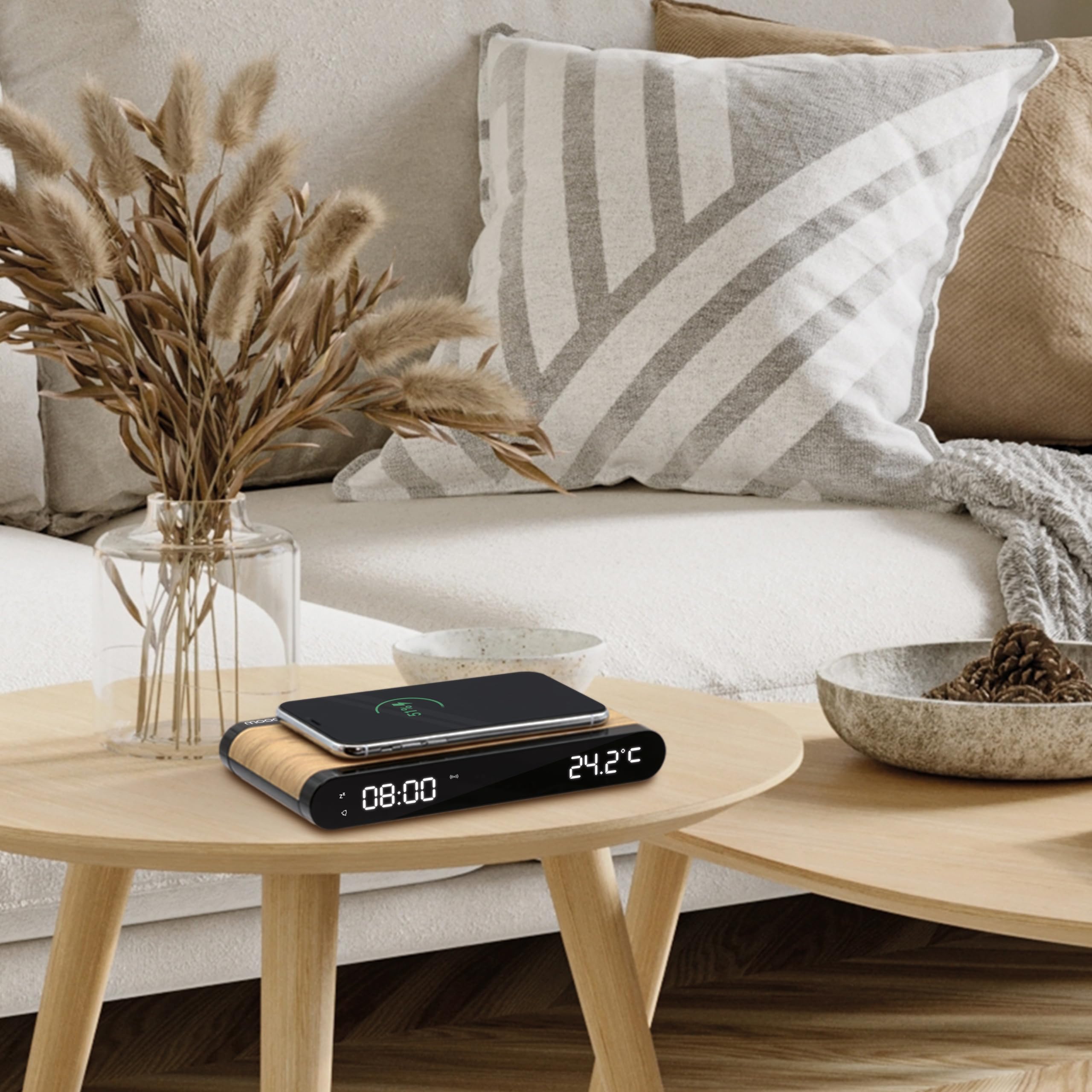 MOOOV 477349 Budzik ładowarka indukcyjna 15 W i port USB-C - wbudowana temperatura - efekt drewna