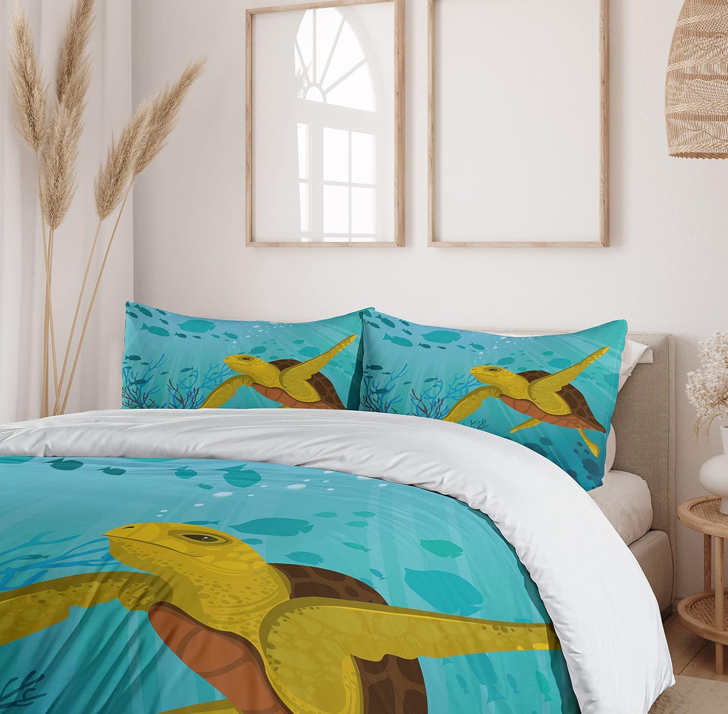 Ambesonne Turtle Duvet Cover Set, Cartoon Animal Under The Sea Silhouettes of Fish Sun Rays Coral, Decorative 3 Piece Bedding Set with 2 Pillow Shams, Queen Size, Turquoise Mustard Brown