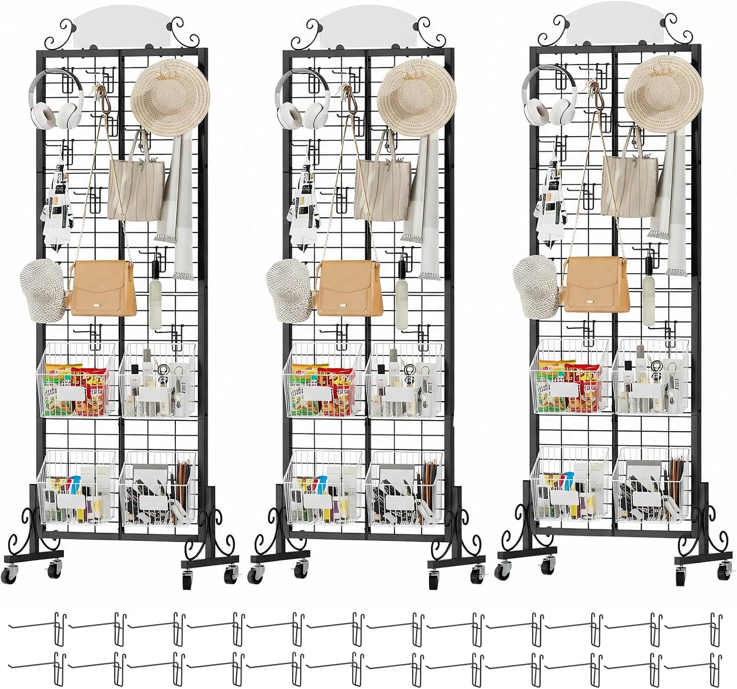 Urban Deco 3 Packs Grid Wall Panel Display Stand, 2.2' x 6.2' FT Gridwall Panel with Extra 24 Hooks, Craft Show Display Rack Black Metal Grids Standing Wire Rack for Retail Merchandise
