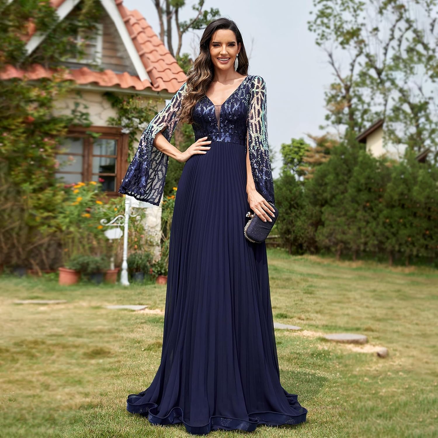 Slit Sleeves Pleated Ball Gown for Women Formal Contrast Sequin Maxi Evening Dress Wedding Guest Princess Tail Aline - Image 3