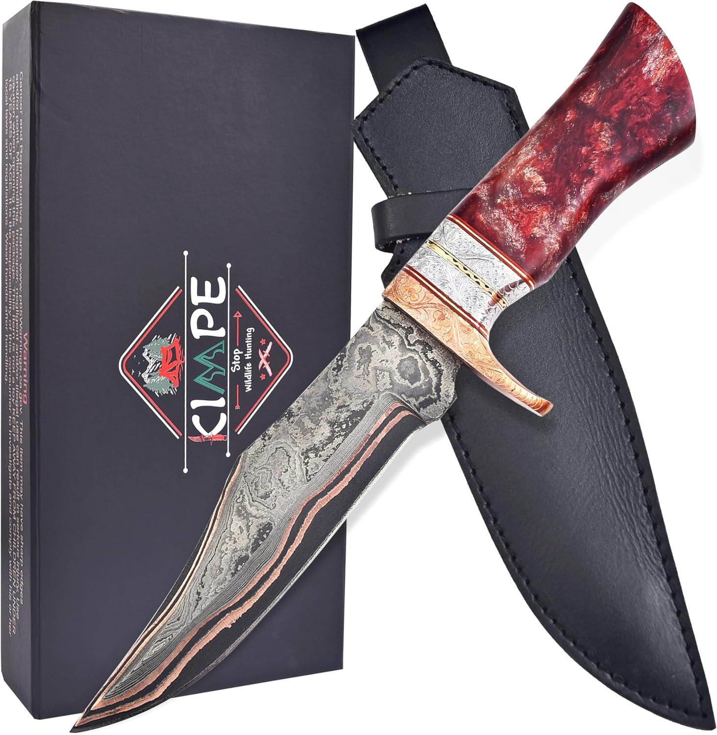 KIMPE Handmade Copper Damascus Hunting Knife – 11.5” Fixed Blade Bushcraft Knife with Engraved Guard, Resin Handle, Full Tang, Leather Sheath – Outdoor Survival, Camping & Gift Knife.