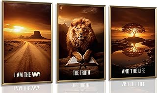 3pcs Jewish Lion Wall Art Inspirational Christian Scripture Posters Prints Wall Decor Desert Scenery and Lion Canvas Paintings for Living Room Bedroom Church Office Decoration Unframed