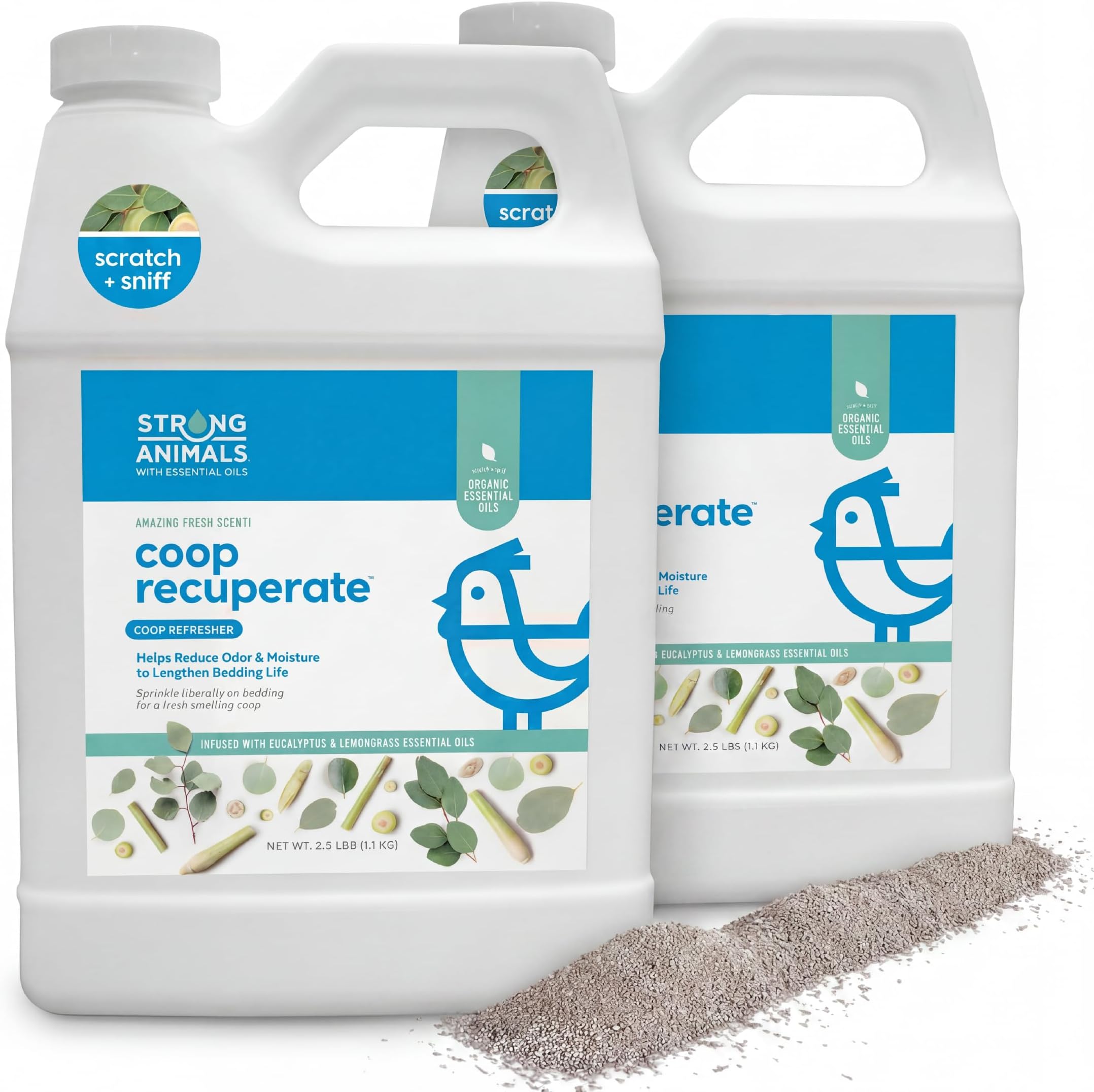 Strong Animals Coop Recuperate Chicken Coop Refresher Eucalyptus 2 Pack | Organic eucalyptus & lemongrass oils, Freshens coop, 2.5 lb jugs, 2-pack, Helps maintain a cleaner coop environment