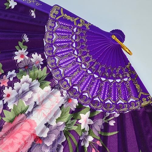 Miniatura 6 de Tayfremn Abanico de mano plegable floral, patrón de flores, con encaje lateral dorado, abanicos plegables de mano, abanicos plegables de mano para