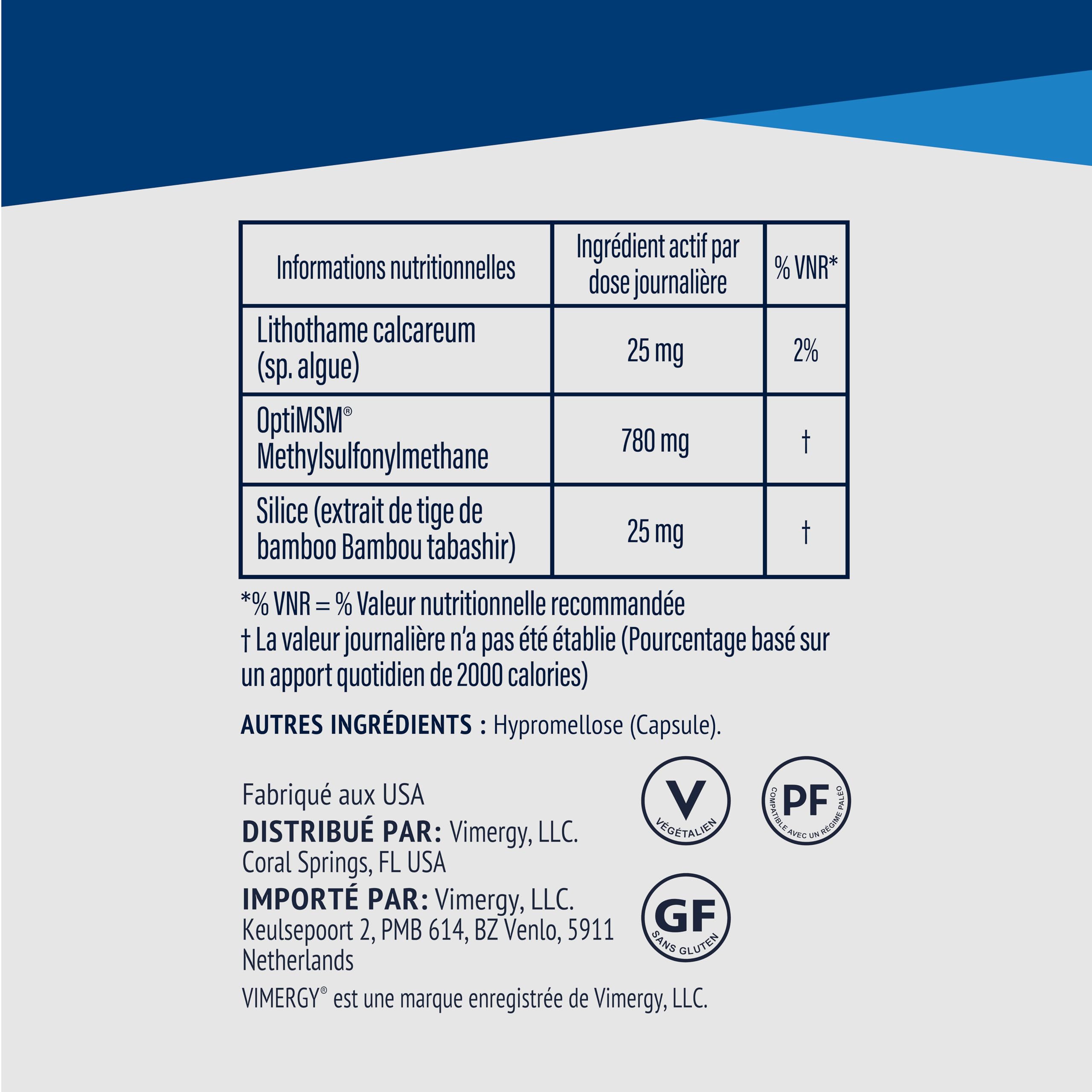 Vimergy MSM Gélules de 500MG, – MSM avec Calcium et Silice – Capsule Végétalienne sans Agent Gélifiant – Sans OGM, Gluten ni Gélatine - Casher (120 unités)