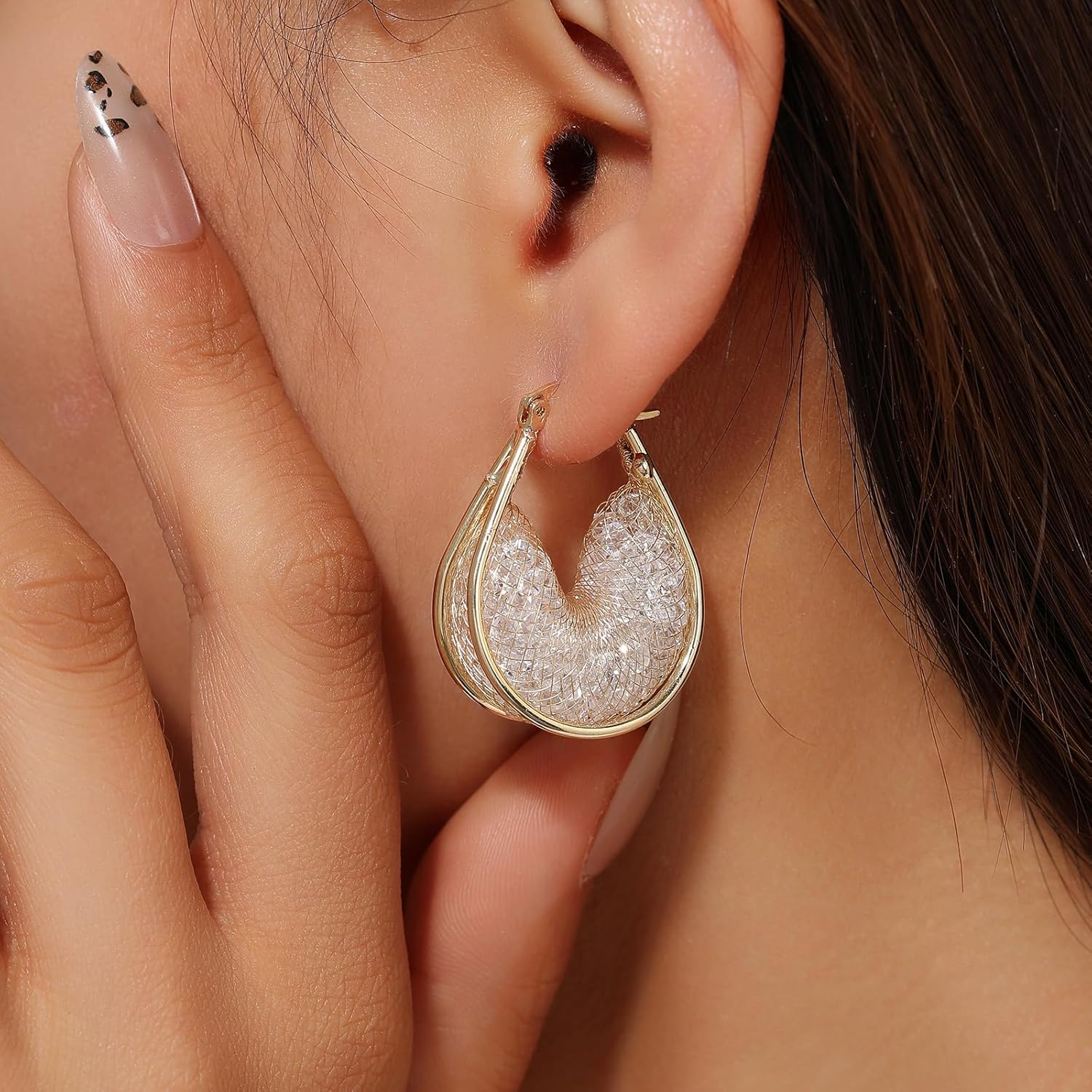 14K Gold Plated 25–33mm Mesh Hoop Earrings for Women, Cubic Zirconia, 925 Sterling Silver Post, Hypoallergenic Jewelry - Image 3