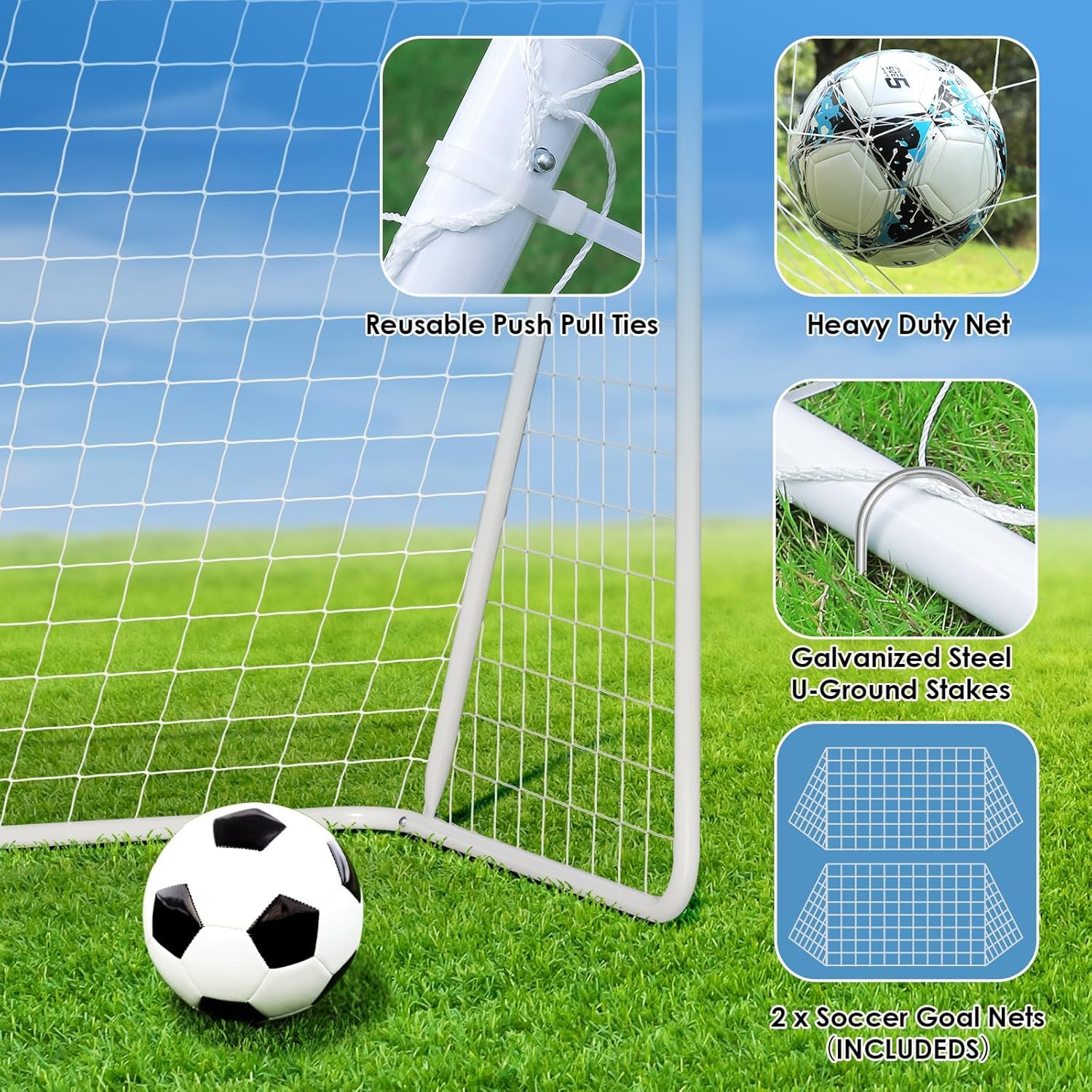 But de Foot Cage de Foot pour Enfants, 365 cm / 240 cm, Cadre Robuste en Acier Galvanisé, Adapté aux Terrains de Football, Patios, Plages (avec 1 Filet de Football, 365 x 182 cm - 2 pièce)