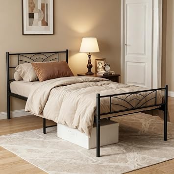 Panana Single Bed Frames with Headboard 3ft Black Metal Single Bed Frame with Storage Heavy Duty with Steel Slats No Box Spring Needed Black, 3FT