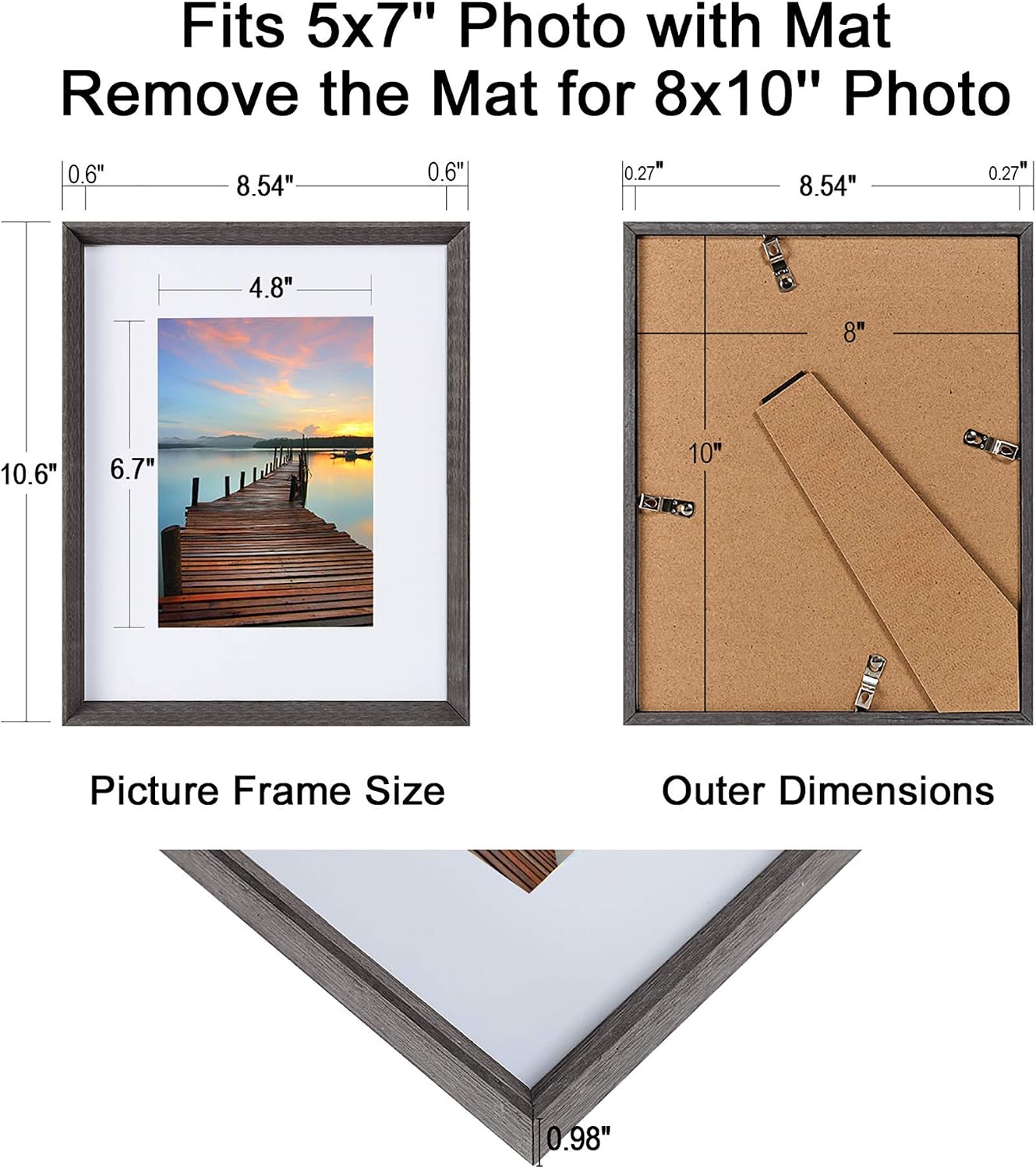Sindcom 8x10 Picture Frame with High Definition Glass Face, Display Pictures 5x7 with Mat or 8x10 Without Mat, Rustic Photo Frames Collage for Wall or Tabletop Display,Set of 3,Dark Grey