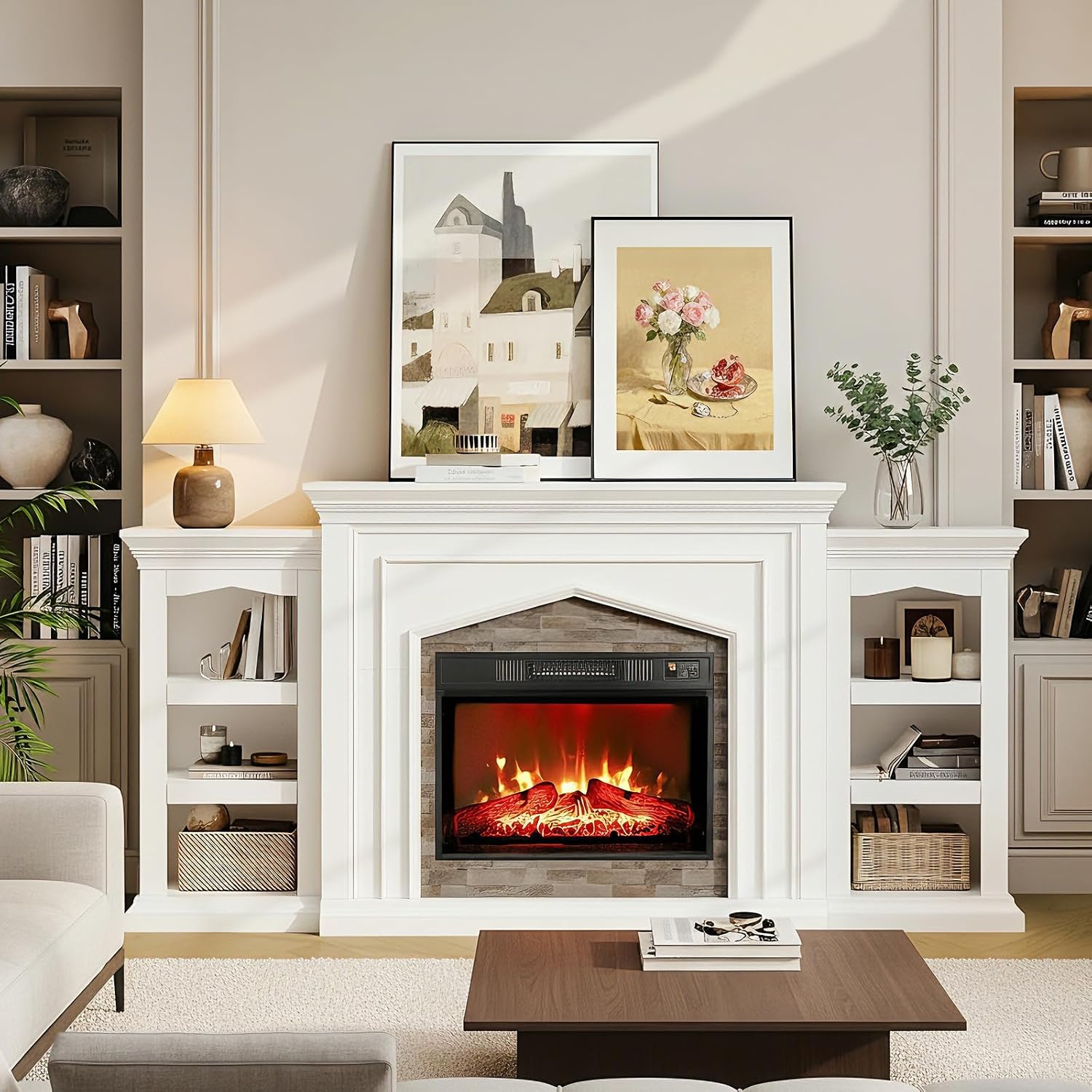 LGHM 80" Fireplace TV Stand for TVs Up to 90 Inch, Electric Fireplace with Mantel, Modern Entertainment Center with Storage, Realistic Stacked Stone Surround and 3D Flame Effect for Living Room