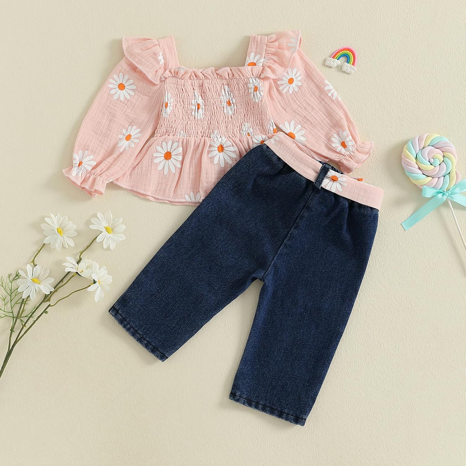SAYOO Toddler Baby Girl Clothes Linen Smocked Daisy Flutter Top Jeans Denim Pants Set Little Girls Fall Winter Ruffle Outfit