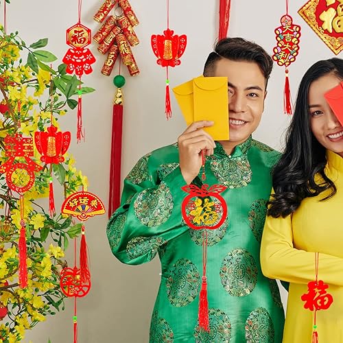 Miniatura 7 de Adornos de año nuevo chino 2025, colgante de nudo chino, adornos colgantes rojos, colgantes de la suerte fu para Año Nuevo, árbol para el hogar,