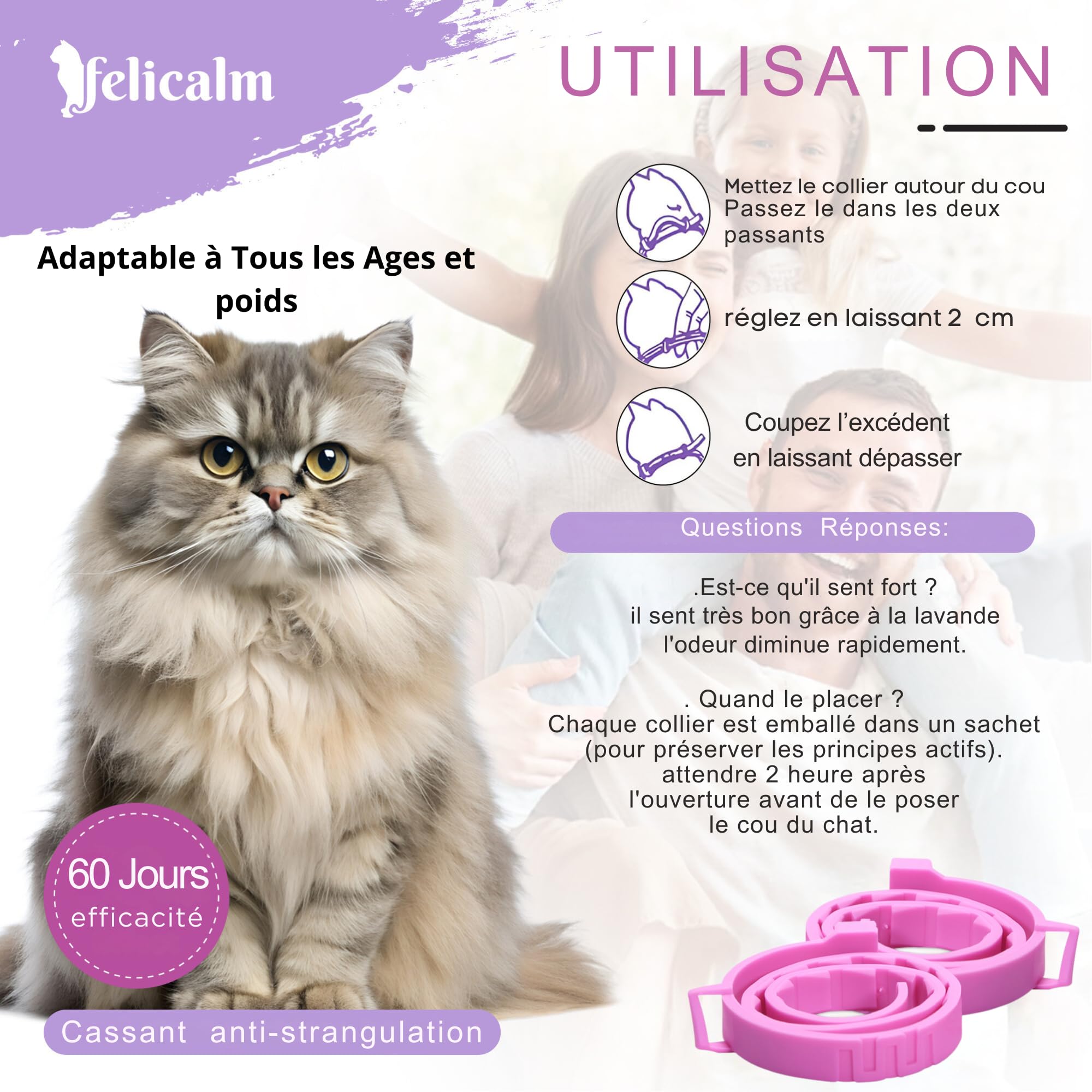 Félicalm Paris/Colliers à la VALERIANE+ PHEROMONE/Anti-Stress pour Chat et Chaton/PHEROMONE féline+ VALERIANE +Camomille+Lavande/ 2 Colliers Actifs 60 Jours
