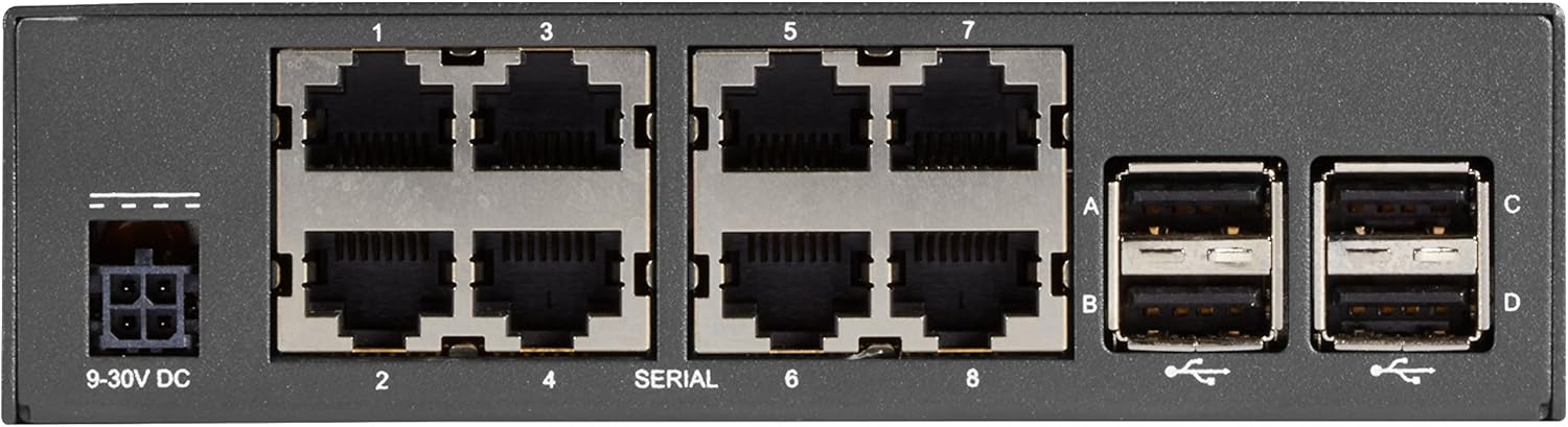 Rear panel of Black Box LES1600 Series Console Server with power, serial, and USB ports