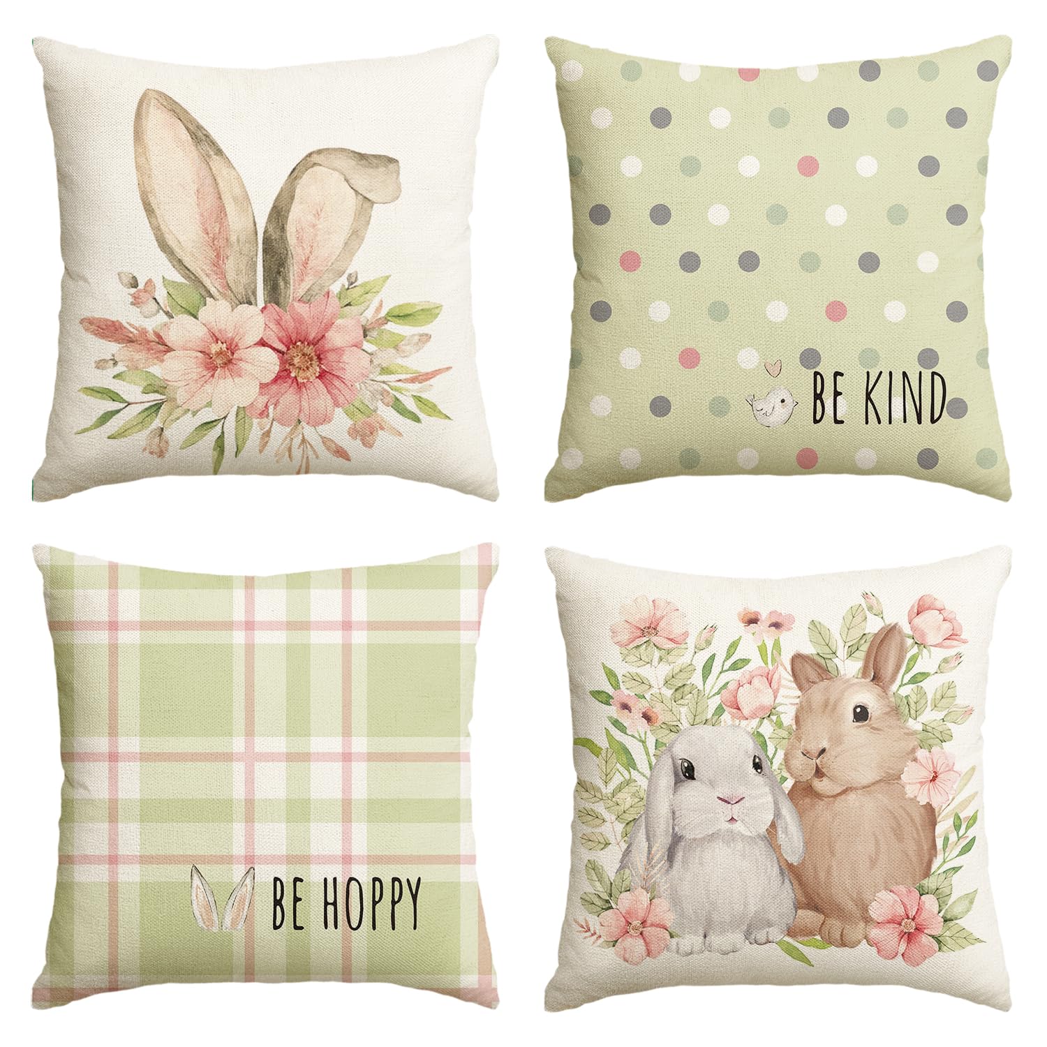 Coussin de canapé vert à pois et fleurs pour salon cosy - Lot de 4