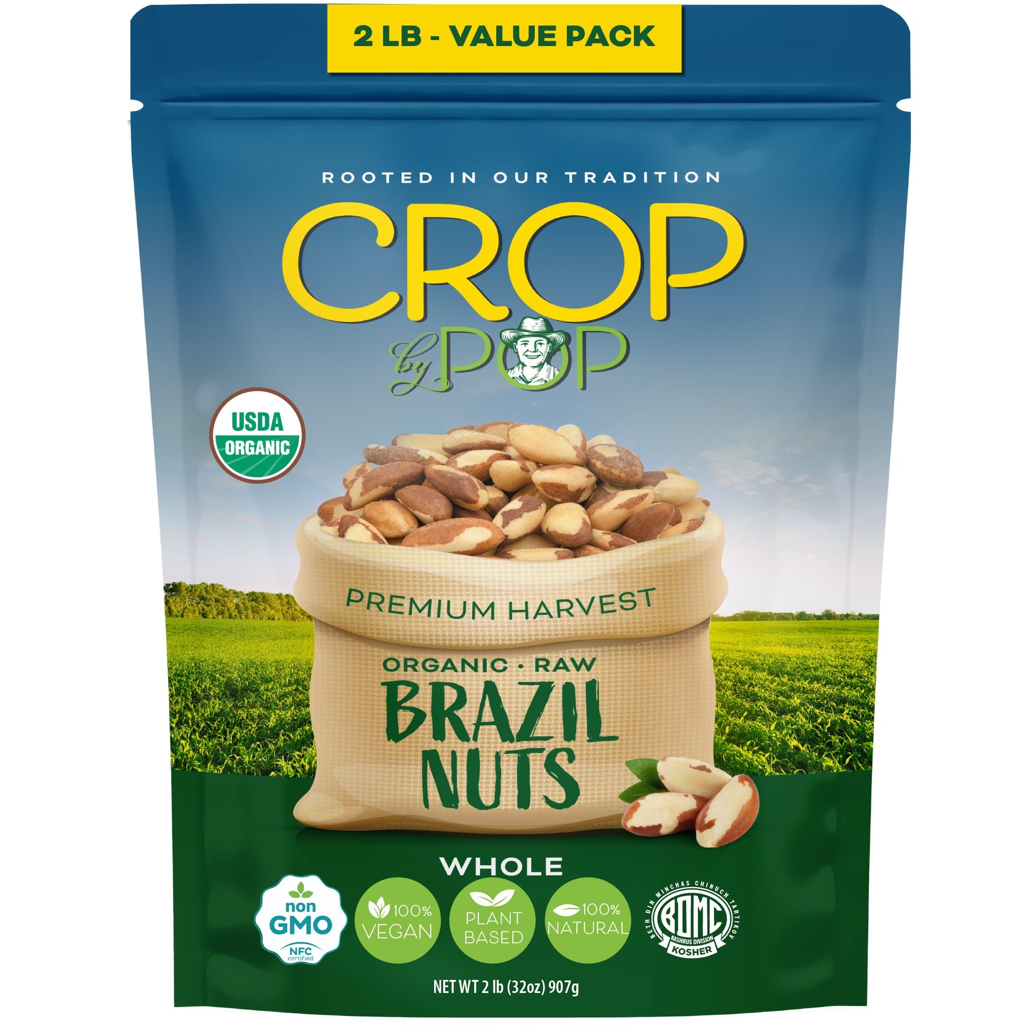 CROP BY POP - Organic Raw Brazil Nuts (32 Oz - 2 LB) Packed Fresh in Resealable Bag - USDA Organic, Non GMO - Naturally Grown, Vegan, Kosher