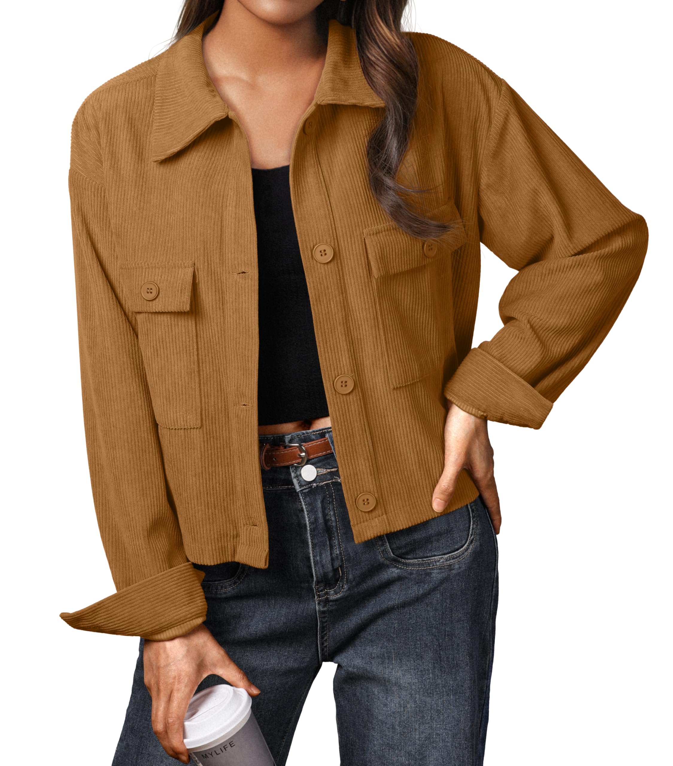 IWOLLENCE Cordjacke Damen Hemdjacke Cordhemd Kurzjacke Langarm Revers Button-Down Shacket Mantel