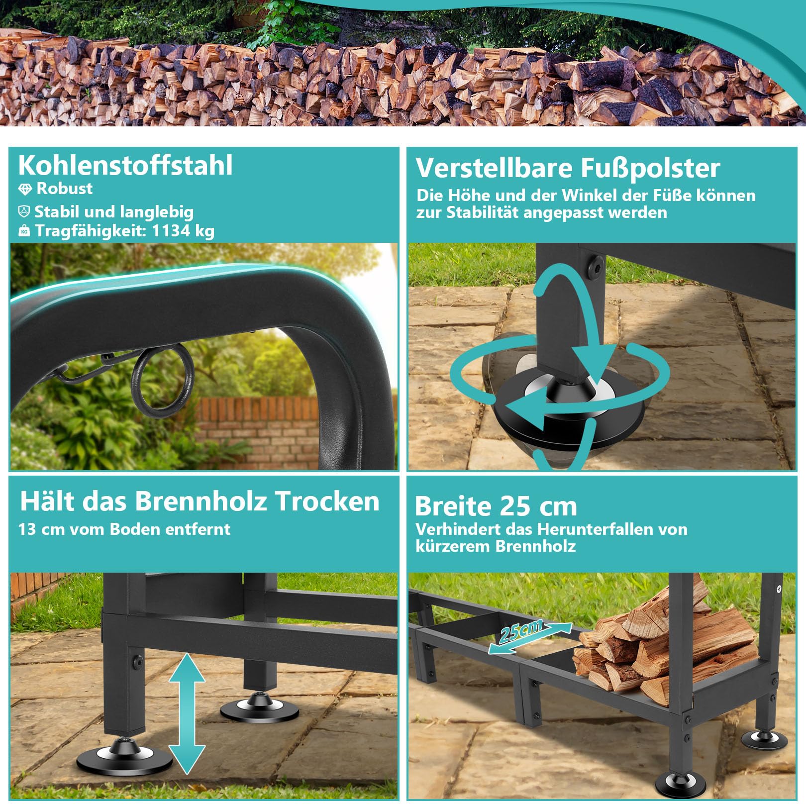 Himimi Kaminholzregal Außen 235x25x116cm mit 450D Abdeckung – Brennholzregal Metall für Holzlager & Holzunterstand Draußen, wetterfest, mit verstellbaren Füßen & Sicherheitsketten für Garten, Patio