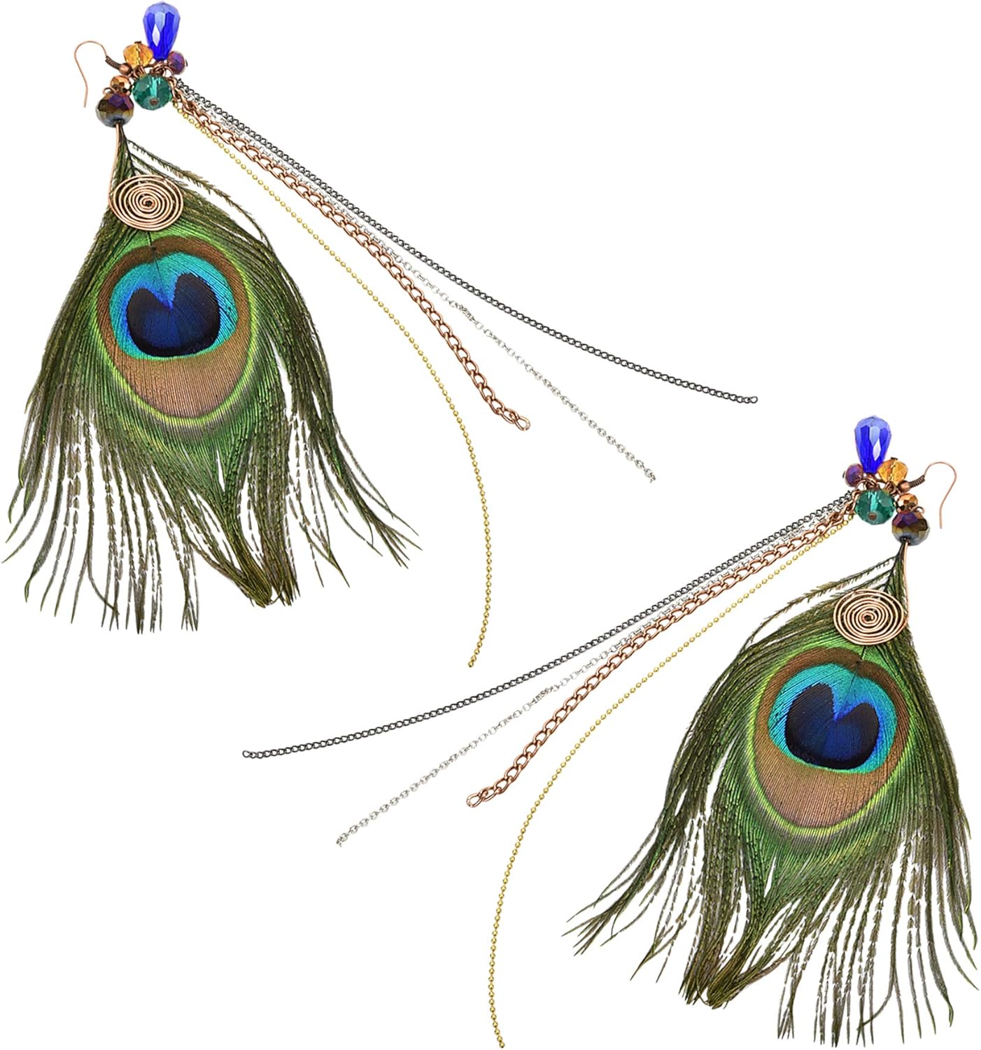 Striking Peacock Feather Statement Crystal Accented Earrings