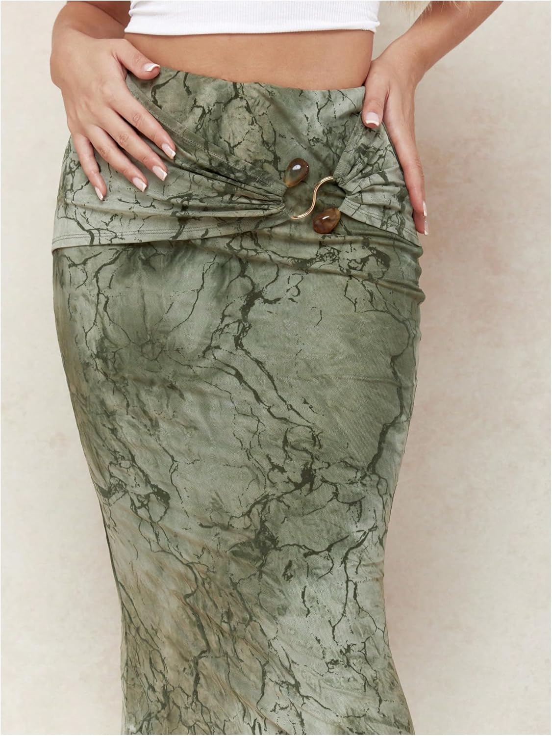 WDIRARA Women's Marble Print Bodycon Skirt High Waisted Ruffle Fishtail Maxi Skirts - Image 4