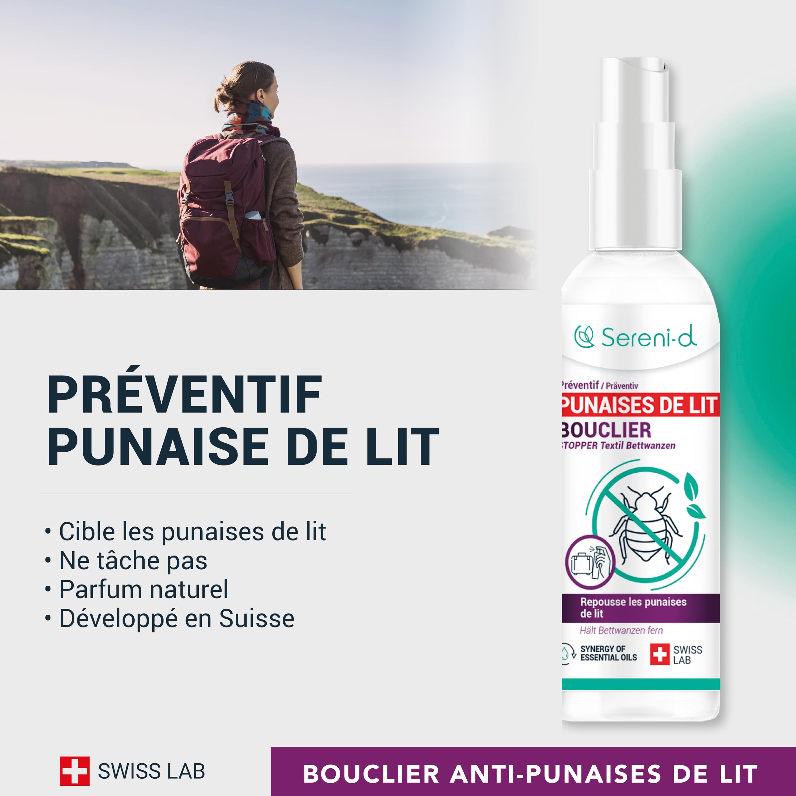 SERENI-D - KIT TRANQUILLITÉ - SOS ANTI PUNAISES DE LIT SUPER PUISSANT + SPRAY BOUCLIER RÉPULSIF HAUTEMENT EFFICACE - Traitement naturel à double efficacité curative et préventive - Swiss Lab