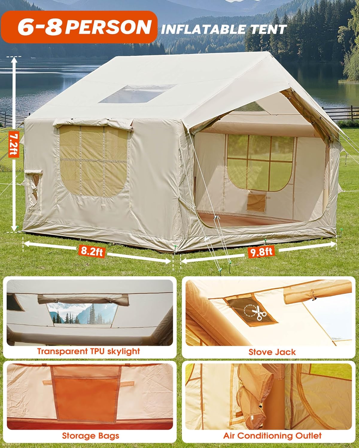 Inflatable Tent for Camping with Pump, 4-6 Person Extra-Space Blow up Tent, 420D Waterproof Oxford Glamping Air for Family, 4 Season Inflatable House