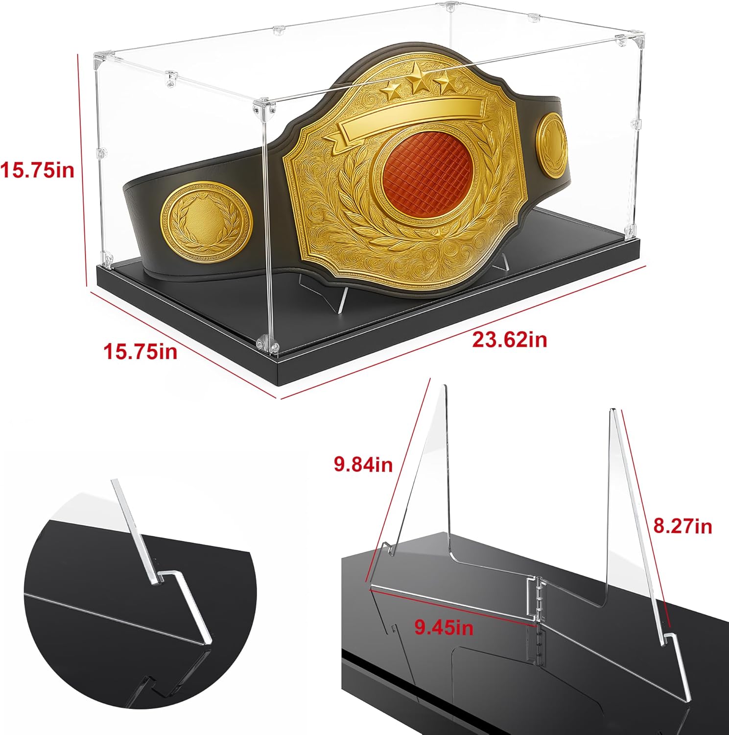 Championship Belt Display Case, 24"x16"x16" Large Acrylic Box with 4mm Ultra-Thick Clear Panel,Includes Belt Stand for Wrestling or Boxing Titles