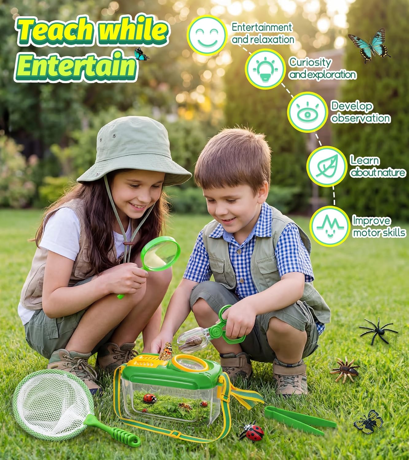Bug Catcher for Kids, 22 PCS Bug Catching Kit with Bug Collector Toy Bugs Butterfly Net Magnifying Glass Insect Catcher Tweezers, Outdoor Explorer Kit for Kids Age 3 4 5 6 7 8