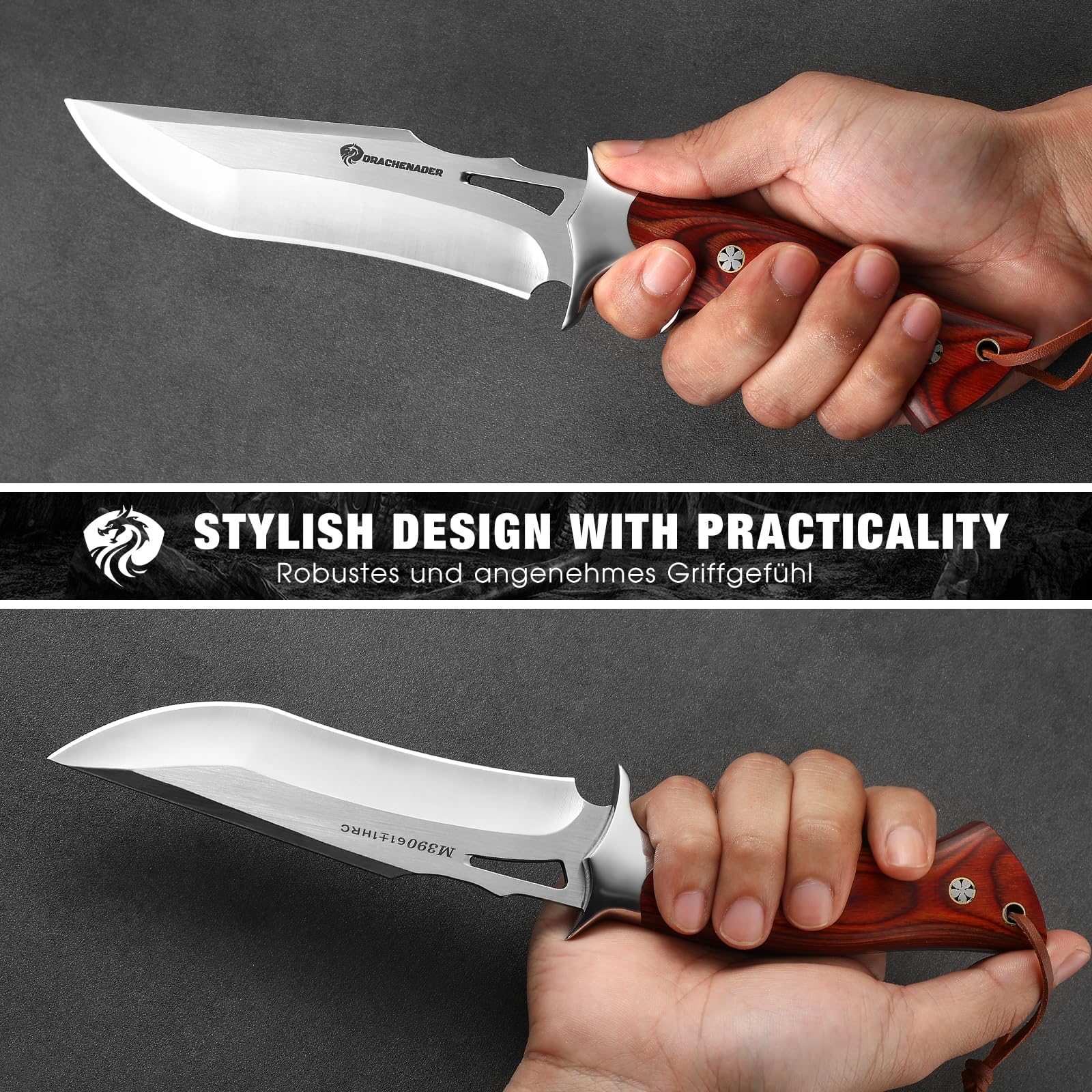 DRACHENADER cuchillo de cinturón cuchillo de supervivencia cuchillo de caza cuchillo grande, muy afilado bushcraft hoja fija con funda de cuero genuino, mango de madera