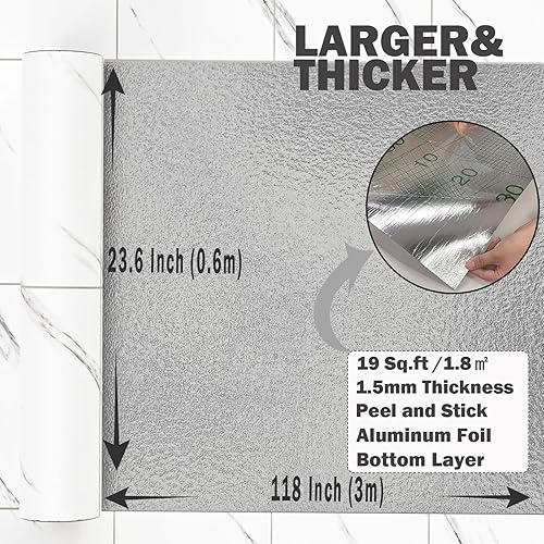 Miniatura 2 de Oxdigi Azulejos de vinilo para despegar y pegar, 23 x 118 pulgadas19 pies cuadrados, rollo de vinilo autoadhesivo grueso, patrón de mármol,