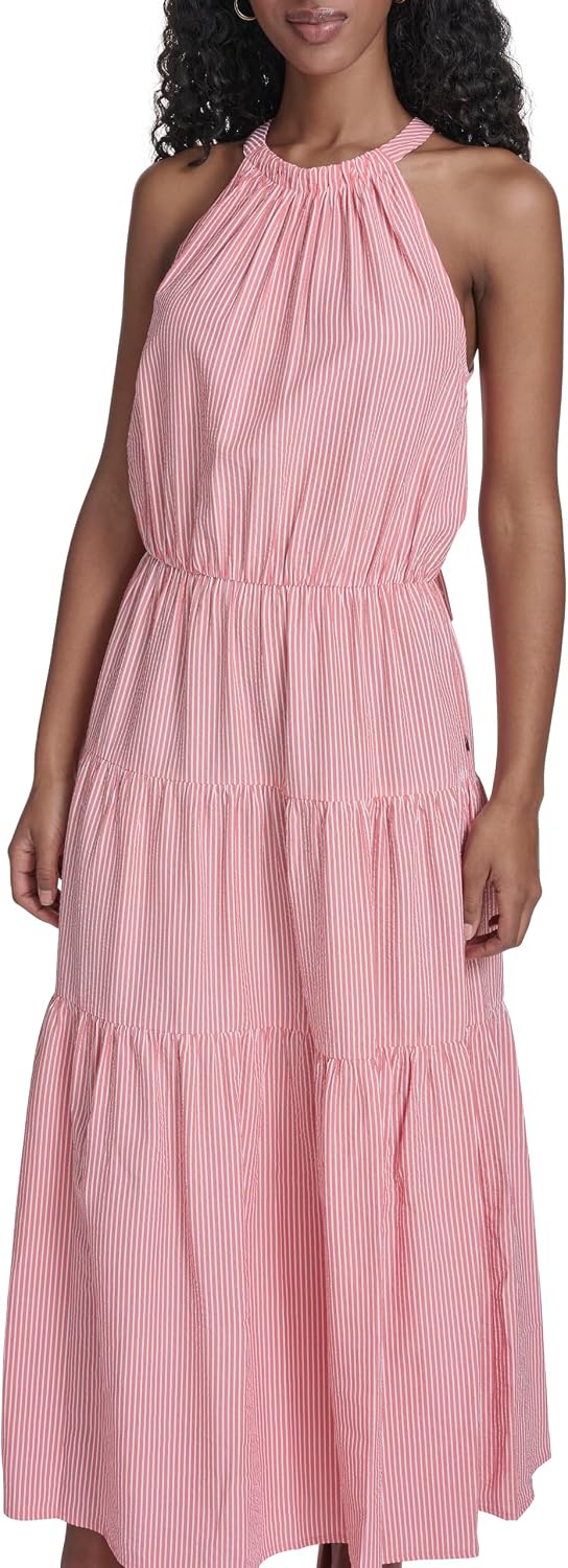 Tommy Hilfiger Women's Sleeveless Halter Neck Seersucker Tiered Skirt Maxi Dress