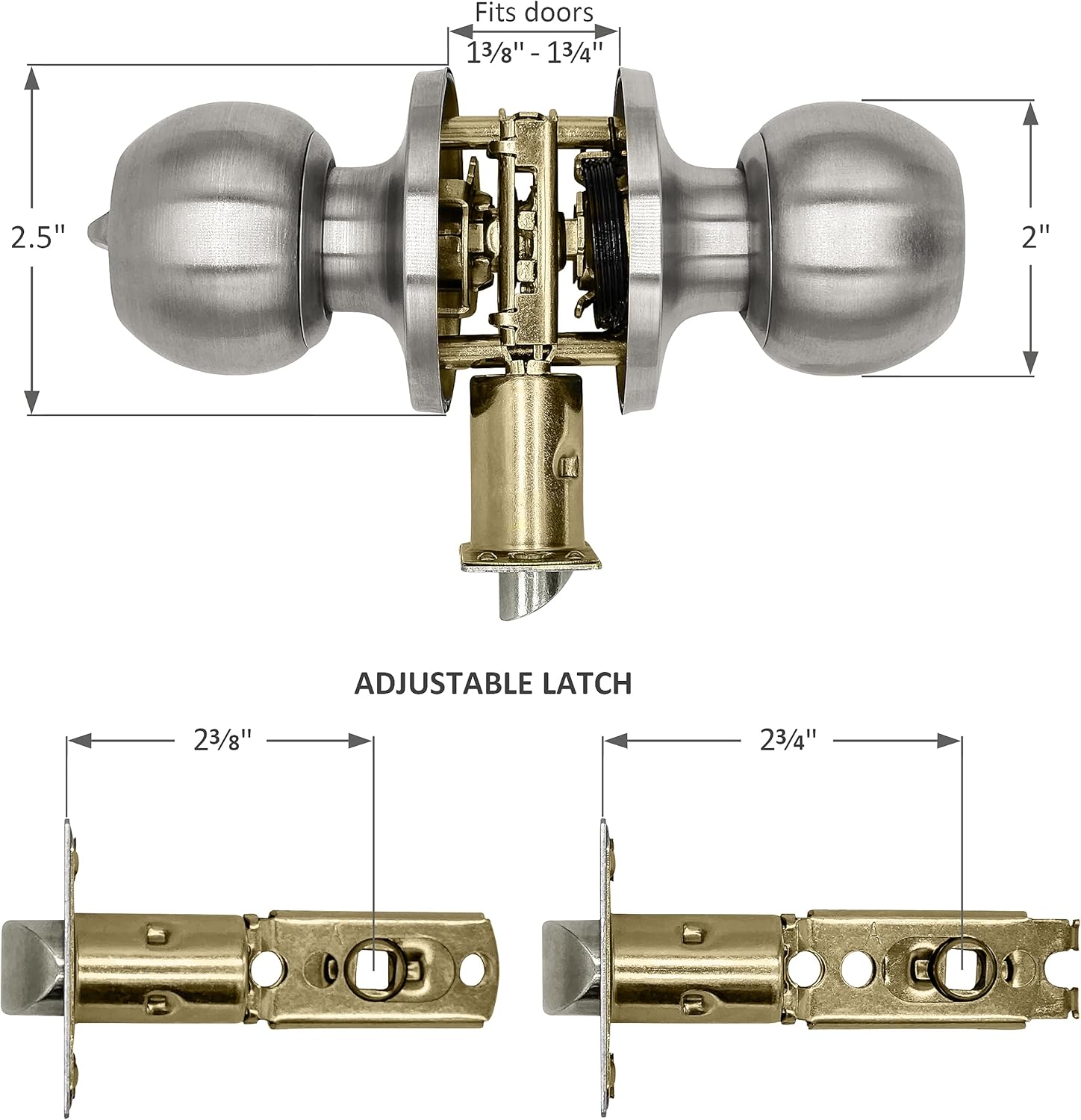 Privacy Door Knob and 3 Door Hinges Set with Magnetic Door Stopper - Complete Interior Door Hardware Kit - Satin Nickel