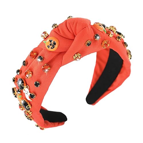 Miniatura 8 de Gmmidea Diademas anudadas de Halloween para mujer, diadema de diamantes de imitación de cristal brillante, nudo ancho, calabaza, fantasma, banda
