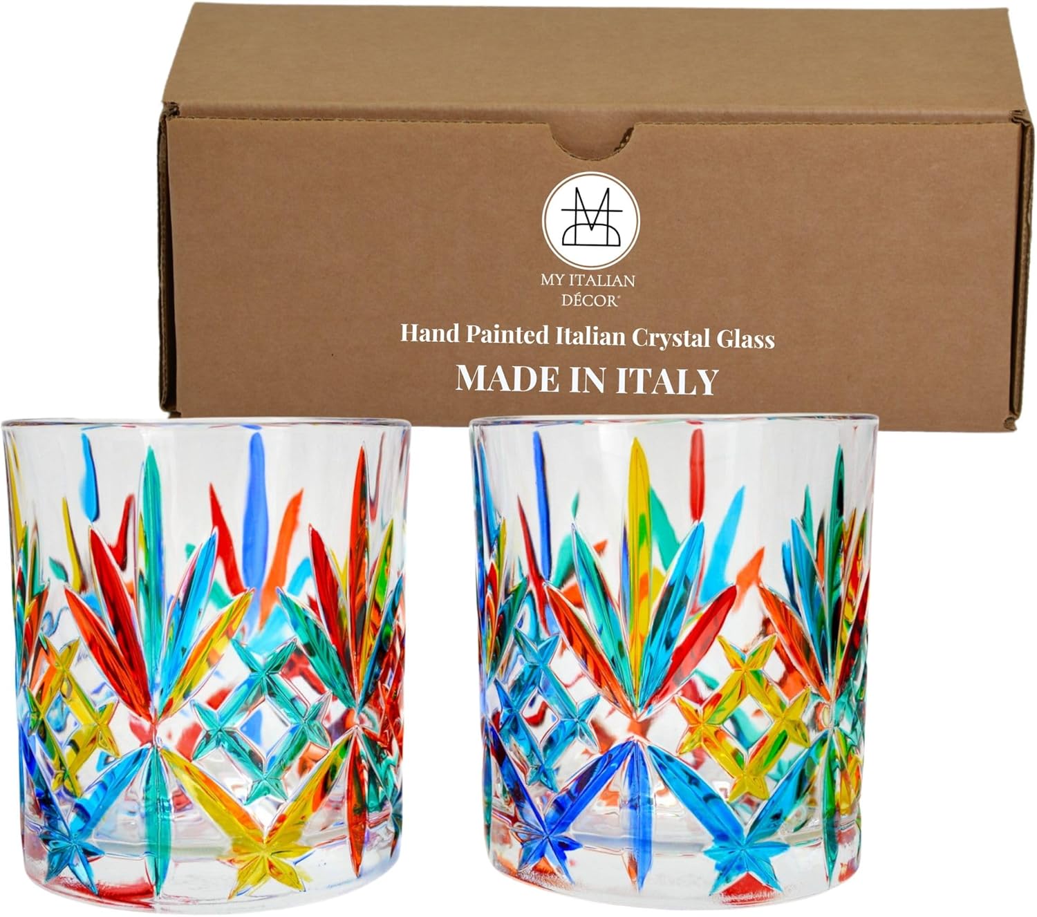 Italian Short Drinking Glasses, 'Melodia' Design, SET OF 2, 10 oz, Premium Italian Glasses, Scoth Glasses, Cocktail Glasses, Old Fashioned Drinking Glasware, Lowball Bar Tumblers, Made In Italy