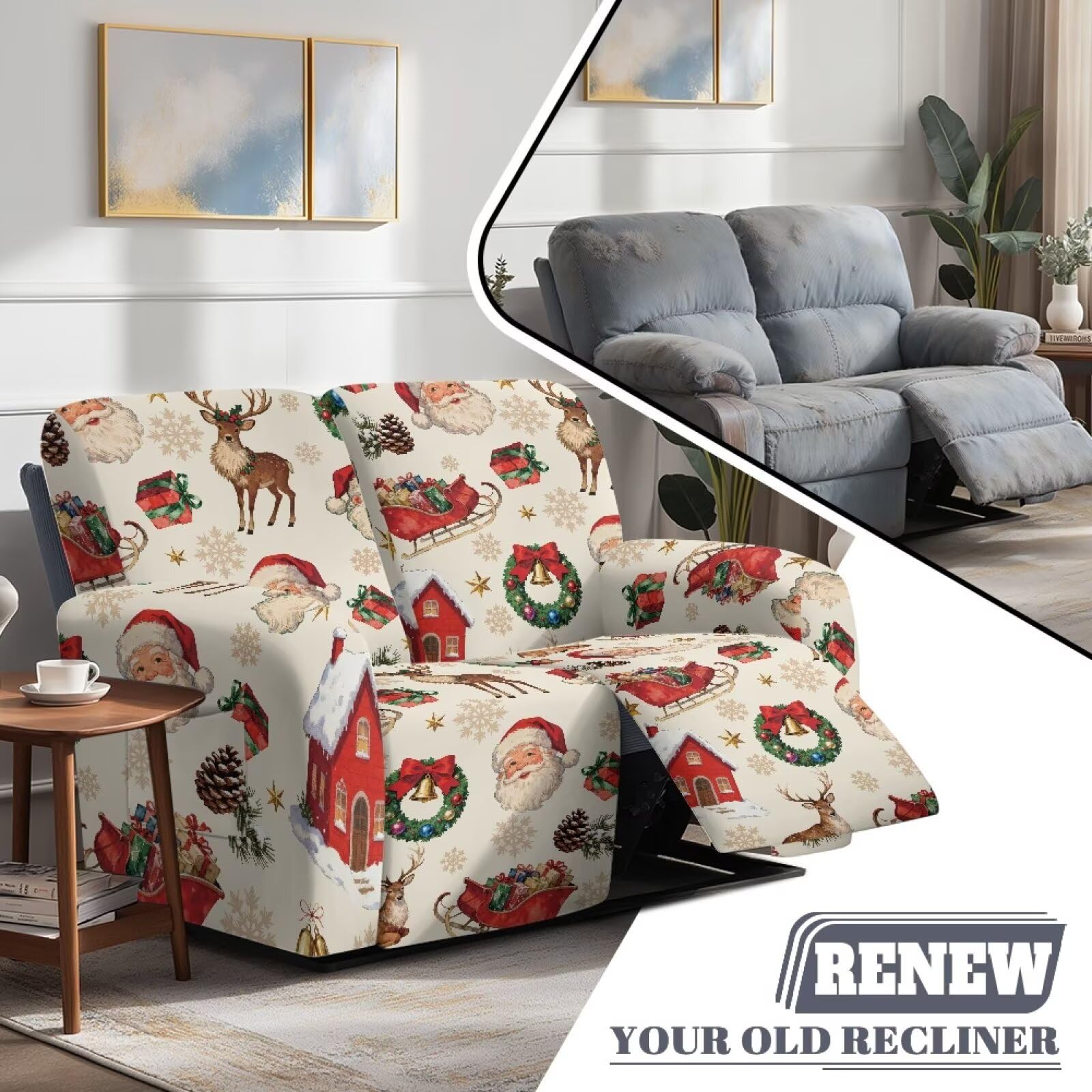Świąteczny pokrowiec na leżankę Loveseat, beżowy, Święty Mikołaj, miękkie pokrowce na kanapę z boczną kieszenią, do sypialni, sanek, odporny na plamy, ochraniacz na meble, pokrowiec do hotelu