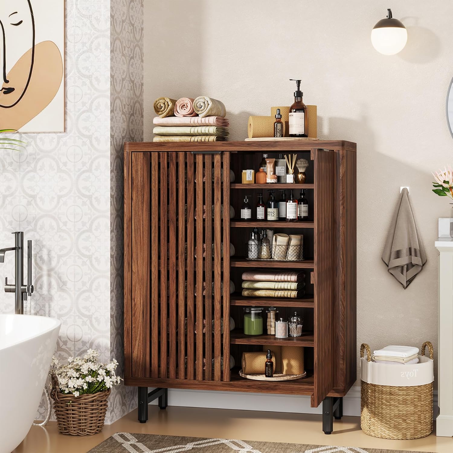Tribesigns 6-Tier Bathroom Floor Cabinet with 2 Shutter Doors, Wooden Bathroom Storage Cabinet with Adjustable Shelves, Large Sideboard Cabient for Bathroom/Kitchen/Living Room (Walnut)