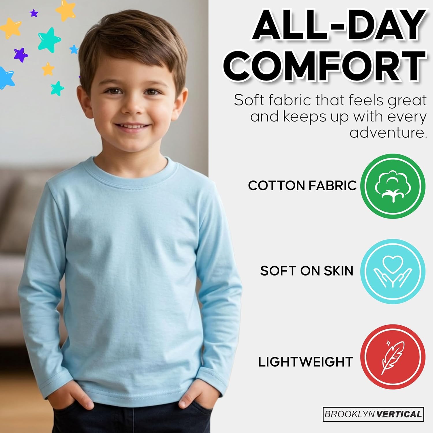 BROOKLYN VERTICAL Boys 4-Pack Long Sleeve Cotton T-Shirts – Tagless Crew Neck Basic Tees, Sizes 2T-18/20