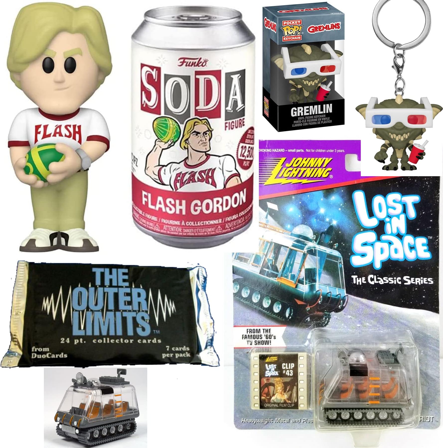 Funko Gremlin Stripe Figure Sci-Fi Hanger Pop Classic Bundled with Television Series Outer Limits Trading Cards + Flash Gordon Soda + Lost in Space Chariot 4 Items