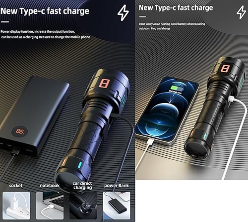 Miniatura 5 de Linterna militar recargable, linterna láser táctica potente de 220,000 lúmenes, foco variable LED de 5000 mAh, hasta 50 horas de uso continuo, para