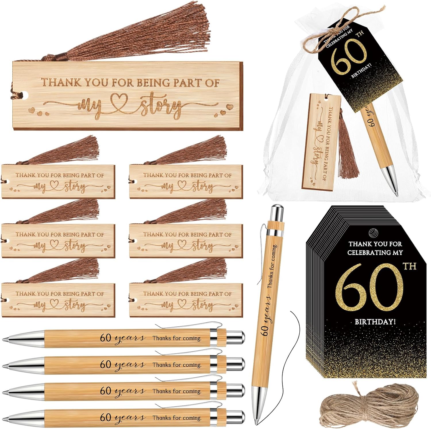 25 Sets Birthday Favors for Guests 25 Thanks for Coming Bamboo Pens 25 Wooden Bookmarks 25 Cards with Organza Bag for Adult Birthday Wedding Anniversary Party Souvenir(60th)