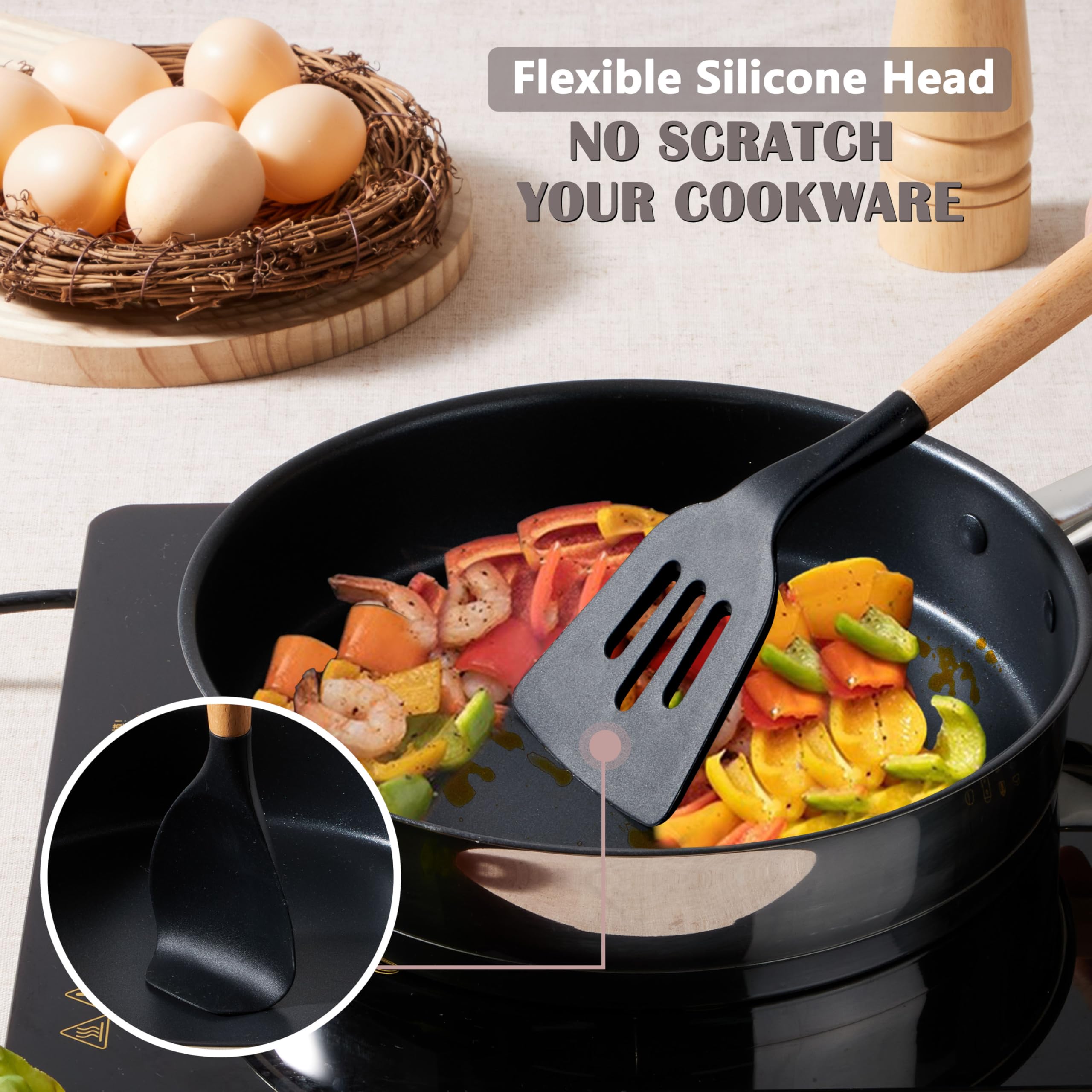 E-far Juego de utensilios de cocina negros con soporte, juego de utensilios de cocina de silicona de 25 piezas con mango de madera para utensilios de cocina antiadherentes, herramienta de cocina