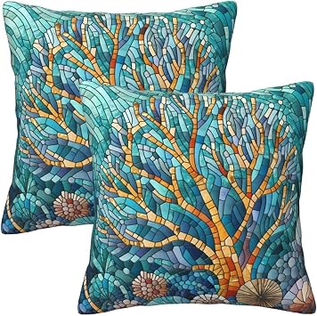 Pillow Covers 18x18 in Couch Coral Reef Mosaic Art Pillow Case Sets of 2 Modern Decorative Square Throw Pillows for Home Living Room Bedroom Bed Cushion Outdoor