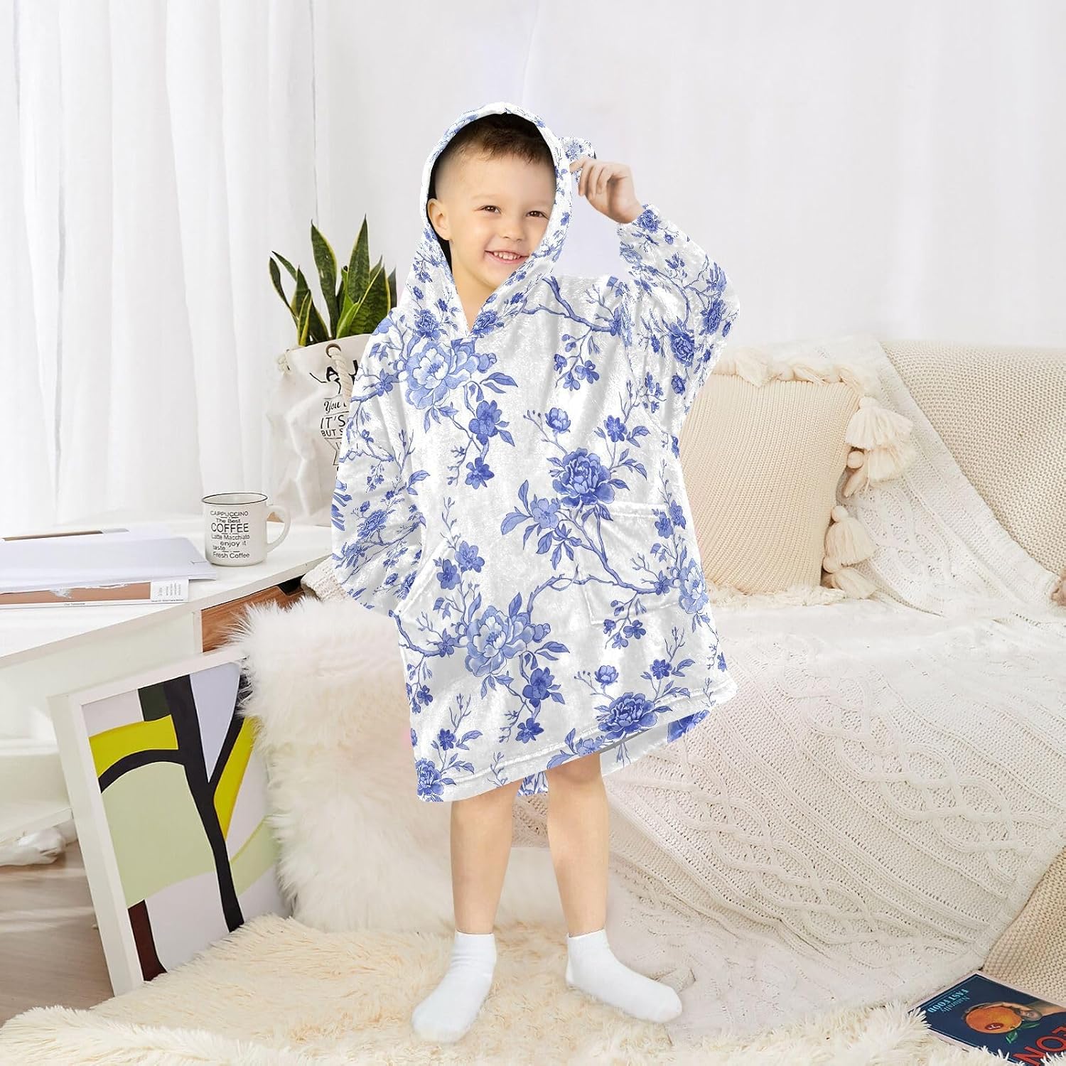 Kigai Blue Flower Wearable Blanket Hoodie for Kids Oversized Hooded Sweatshirt Flannel Blanket with Pocket
