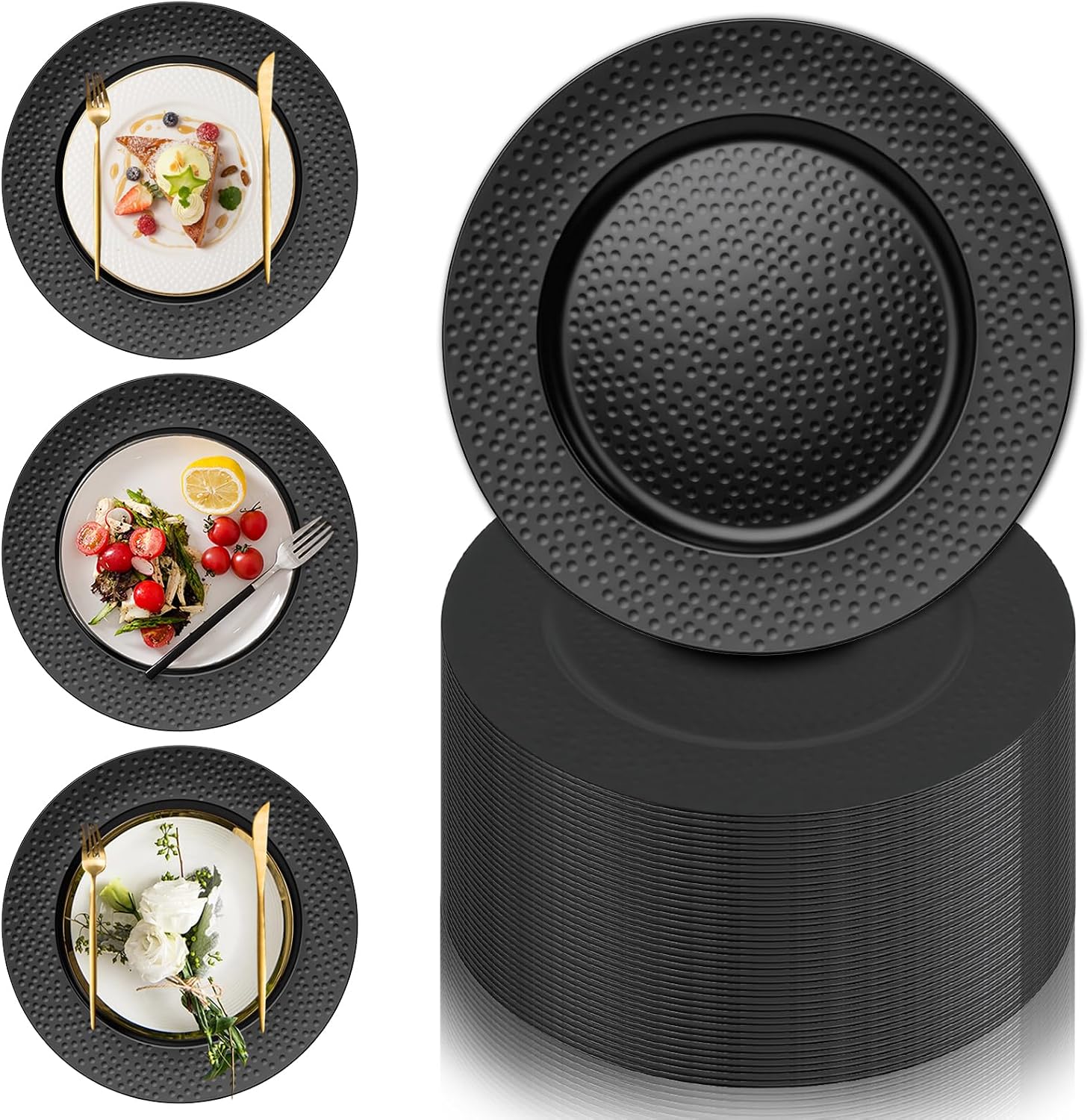 PROY 50 Pcs Hammered Black Charger Plates, 13" Black Chargers for Dinner Plates, Plastic Reusable Round Charger Plate for Table Setting, Wedding, Party, Event