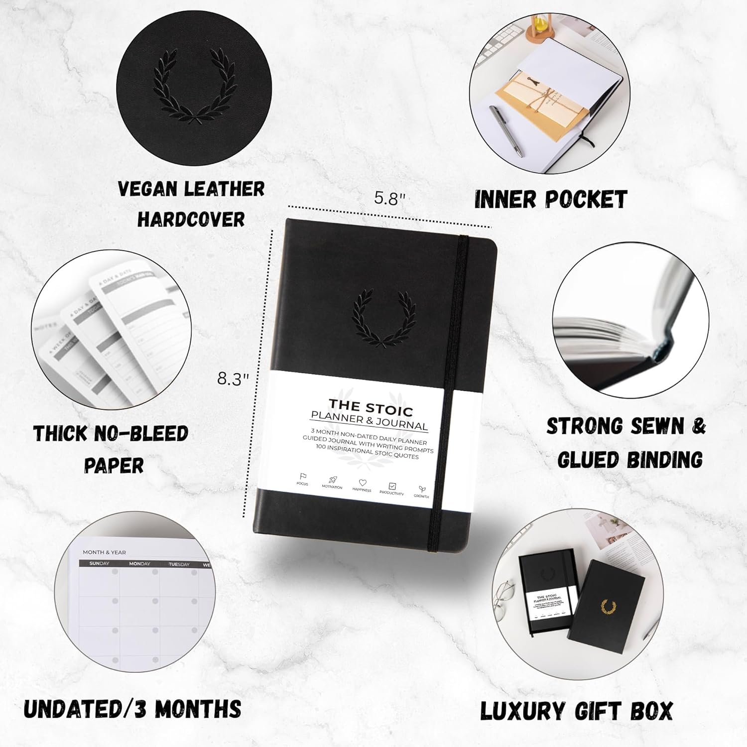The Stoic Planner & Journal - A 2-in-1 Daily Planner and Guided Journal with Inspiring Writing Prompts - Build Productivity and a Positive Mindset - 3 Months Undated (Black)