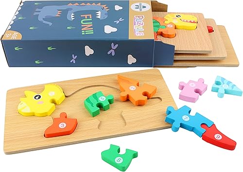 Juguetes de rompecabezas de madera paquete de 4 formas de dinosaurio juguete Montessori de color educativo con colores rompecabezas para niños